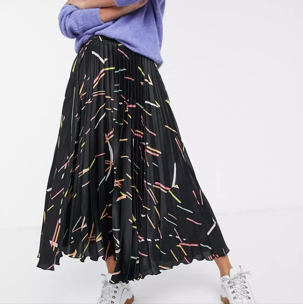 ASOS Abstract Print Satin Pleat Midi Skirt